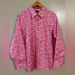 Lands End No Iron Pinpoint Oxford Pink Floral Cotton Womens Shirt Office 20W New